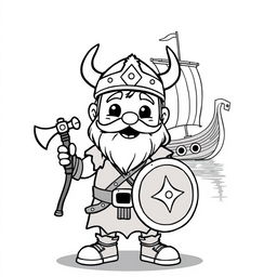 A cartoonish, child-friendly Viking character with a big smile and playful demeanor, showcasing various Viking weapons like an axe, a shield, and a sword, all drawn in bold black lines