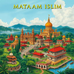 A detailed illustration representing the history of Mataram Islam, featuring historical figures and significant events, richly detailed scenes showing the development of the Mataram Sultanate, traditional Javanese architecture, lush green landscapes, and majestic temples