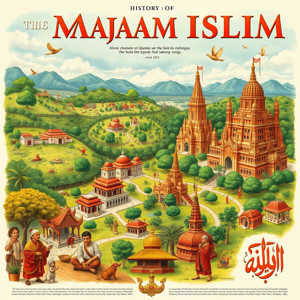 A detailed illustration representing the history of Mataram Islam, featuring historical figures and significant events, richly detailed scenes showing the development of the Mataram Sultanate, traditional Javanese architecture, lush green landscapes, and majestic temples
