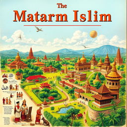 A detailed illustration representing the history of Mataram Islam, featuring historical figures and significant events, richly detailed scenes showing the development of the Mataram Sultanate, traditional Javanese architecture, lush green landscapes, and majestic temples