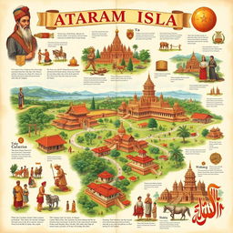A detailed illustration representing the history of Mataram Islam, featuring historical figures and significant events, richly detailed scenes showing the development of the Mataram Sultanate, traditional Javanese architecture, lush green landscapes, and majestic temples