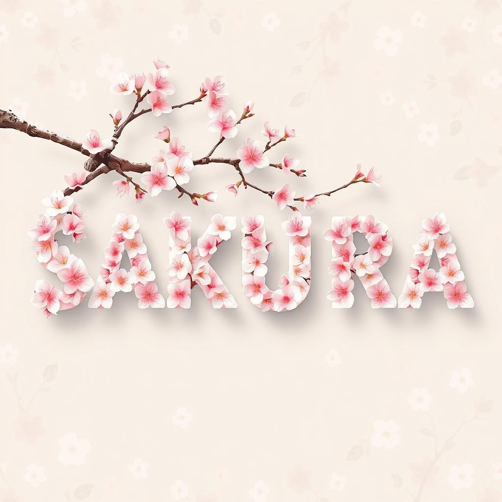 The word "SAKURA" designed with a beautiful sakura flower texture, seamlessly integrated with a branch that mimics the natural flow of cherry blossom trees