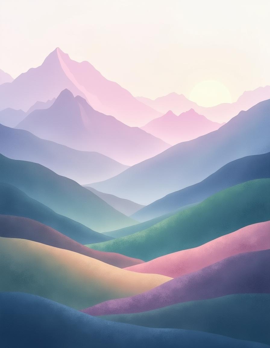 An exquisite abstract representation of a mountain valley, featuring blended colors in a soft palette