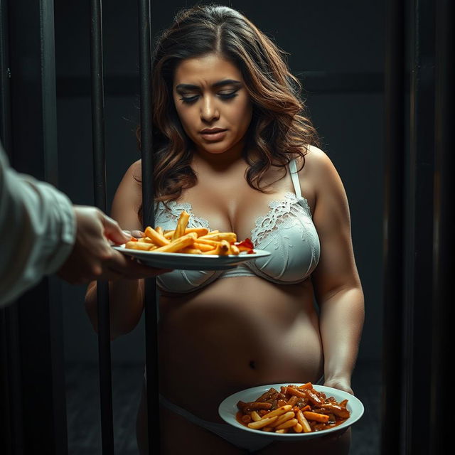 A beautiful, curvy young woman with a full belly, expressing sadness as she cries softly while wearing delicate white lingerie