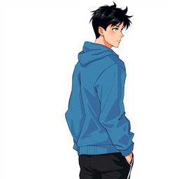 A captivating drawing of a man with black hair, positioned with his back to the viewer, but slightly turning his head to the side to make brief eye contact with the audience