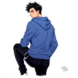 A captivating drawing of a man with black hair, positioned with his back to the viewer, but slightly turning his head to the side to make brief eye contact with the audience