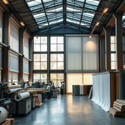 An industrial-style roller curtain factory featuring bright and dynamic lighting