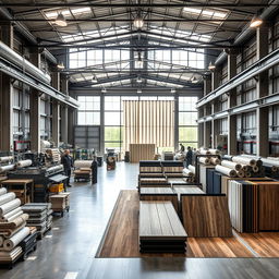 An industrial-style roller curtain factory featuring bright and dynamic lighting