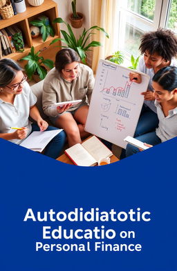 A visually engaging representation of autodidactic education on personal finance, depicting a diverse group of individuals studying together in a cozy, inviting environment