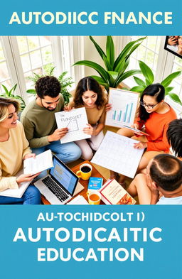 A visually engaging representation of autodidactic education on personal finance, depicting a diverse group of individuals studying together in a cozy, inviting environment