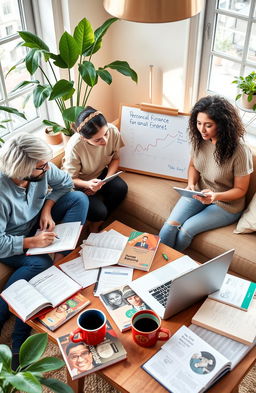 A visually engaging representation of autodidactic education on personal finance, depicting a diverse group of individuals studying together in a cozy, inviting environment