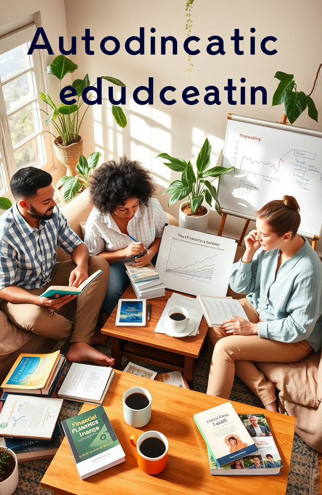 A visually engaging representation of autodidactic education on personal finance, depicting a diverse group of individuals studying together in a cozy, inviting environment