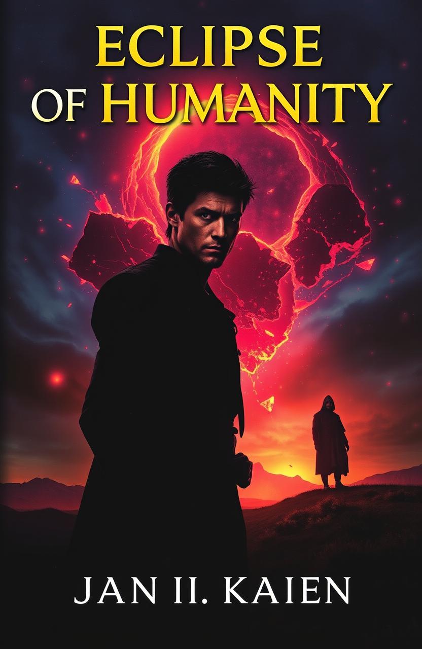 The cover of a book titled 'Eclipse of Humanity', showcasing a dark, mystical landscape with a shattered sky filled with vibrant fragments of glowing Aether drifting through the air