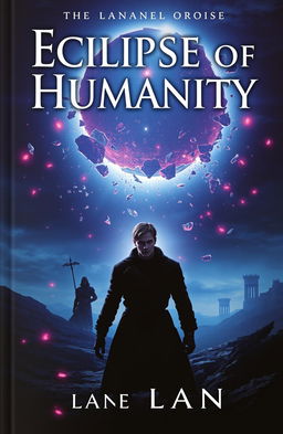 The cover of a book titled 'Eclipse of Humanity', showcasing a dark, mystical landscape with a shattered sky filled with vibrant fragments of glowing Aether drifting through the air
