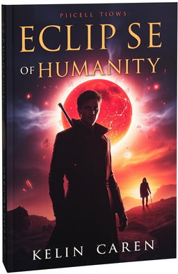 The cover of a book titled 'Eclipse of Humanity', showcasing a dark, mystical landscape with a shattered sky filled with vibrant fragments of glowing Aether drifting through the air