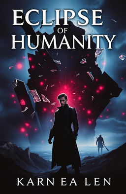 The cover of a book titled 'Eclipse of Humanity', showcasing a dark, mystical landscape with a shattered sky filled with vibrant fragments of glowing Aether drifting through the air