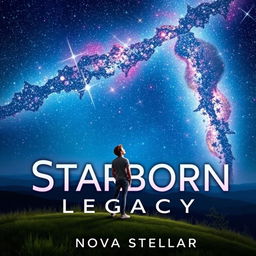 A captivating book cover for 'Starborn Legacy' by Nova Stellar, featuring a young adult gazing at a mesmerizing night sky filled with sparkling stars and a wide array of colors