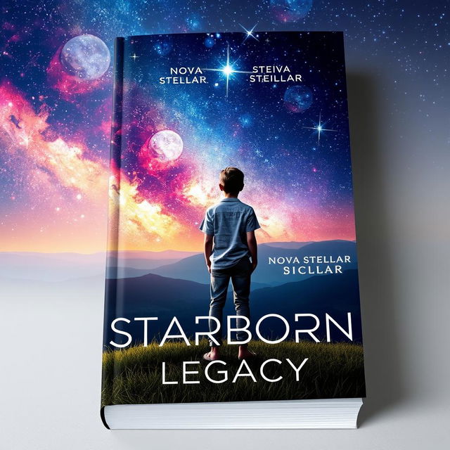 A captivating book cover for 'Starborn Legacy' by Nova Stellar, featuring a young adult gazing at a mesmerizing night sky filled with sparkling stars and a wide array of colors