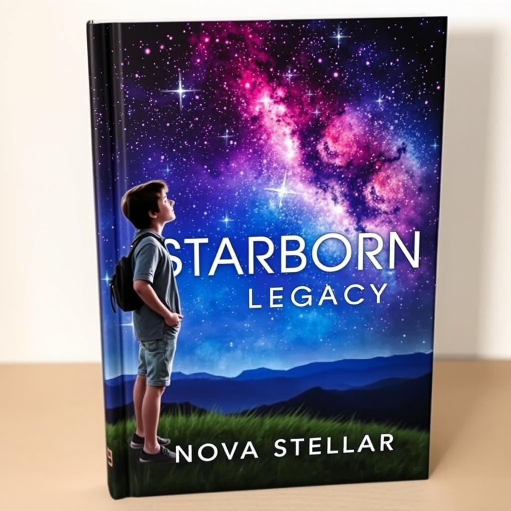 A captivating book cover for 'Starborn Legacy' by Nova Stellar, featuring a young adult gazing at a mesmerizing night sky filled with sparkling stars and a wide array of colors