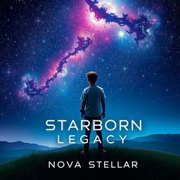 A captivating book cover for 'Starborn Legacy' by Nova Stellar, featuring a young adult gazing at a mesmerizing night sky filled with sparkling stars and a wide array of colors