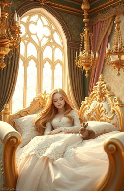 A serene and enchanting scene of Sleeping Beauty in a grand, lavishly decorated princess bed, surrounded by an atmosphere of magic