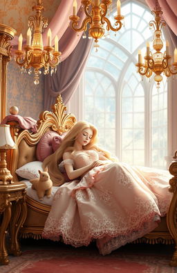 A serene and enchanting scene of Sleeping Beauty in a grand, lavishly decorated princess bed, surrounded by an atmosphere of magic