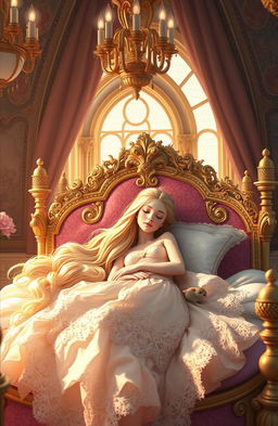 A serene and enchanting scene of Sleeping Beauty in a grand, lavishly decorated princess bed, surrounded by an atmosphere of magic