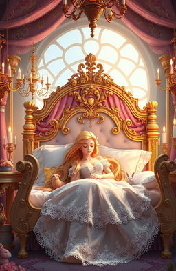 A serene and enchanting scene of Sleeping Beauty in a grand, lavishly decorated princess bed, surrounded by an atmosphere of magic