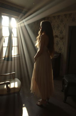 A woman standing inside an old, dilapidated house with peeling wallpaper and vintage furniture