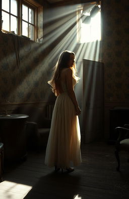 A woman standing inside an old, dilapidated house with peeling wallpaper and vintage furniture