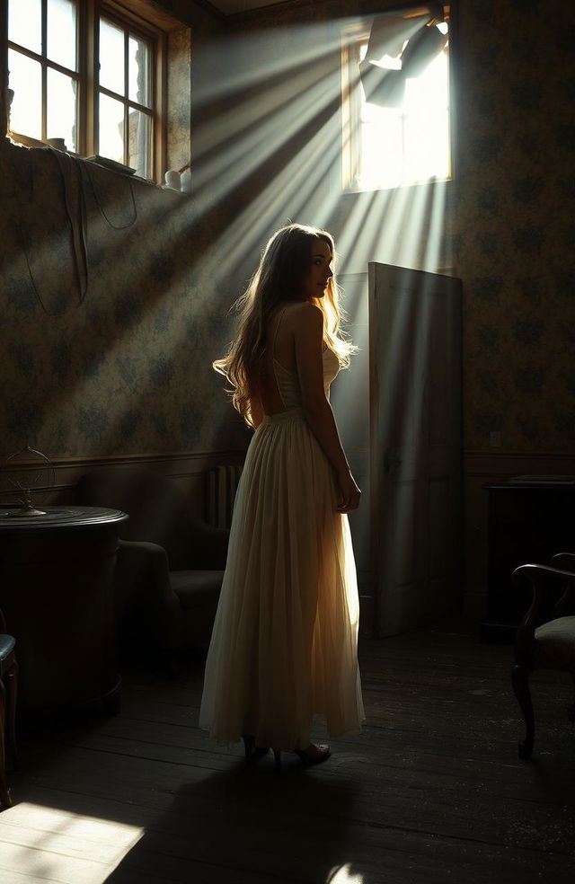 A woman standing inside an old, dilapidated house with peeling wallpaper and vintage furniture