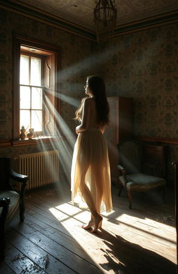 A woman standing inside an old, dilapidated house with peeling wallpaper and vintage furniture
