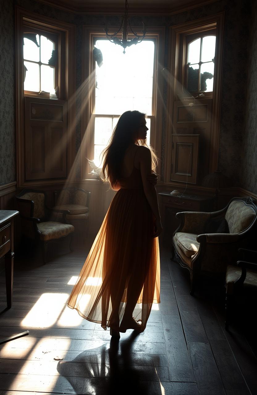 A woman standing inside an old, dilapidated house with peeling wallpaper and vintage furniture