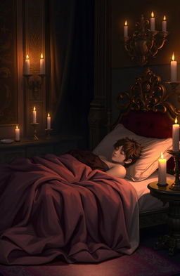 A serene scene depicting a sleeping prince on an ornate, luxurious bed draped with rich, flowing fabrics and soft pillows