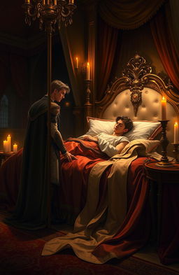 A serene scene depicting a sleeping prince on an ornate, luxurious bed draped with rich, flowing fabrics and soft pillows