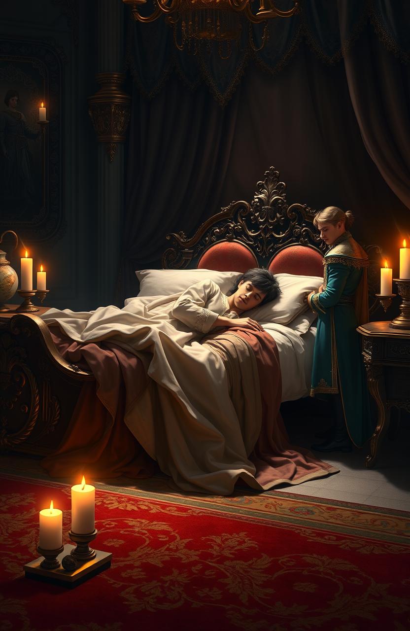 A serene scene depicting a sleeping prince on an ornate, luxurious bed draped with rich, flowing fabrics and soft pillows