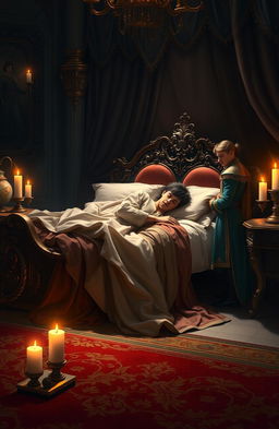 A serene scene depicting a sleeping prince on an ornate, luxurious bed draped with rich, flowing fabrics and soft pillows