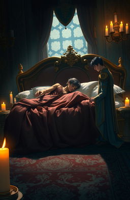 A serene scene depicting a sleeping prince on an ornate, luxurious bed draped with rich, flowing fabrics and soft pillows