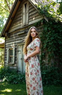 A beautiful woman standing gracefully in front of an old, rustic house