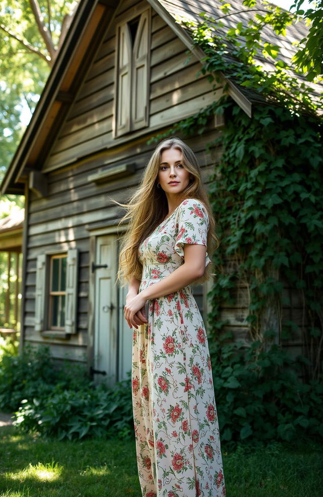 A beautiful woman standing gracefully in front of an old, rustic house