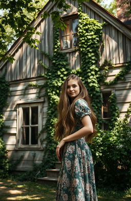 A beautiful woman standing gracefully in front of an old, rustic house
