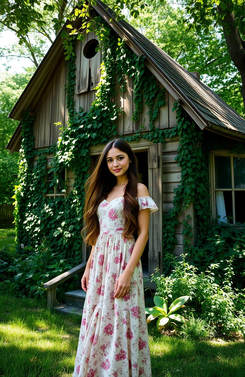 A beautiful woman standing gracefully in front of an old, rustic house