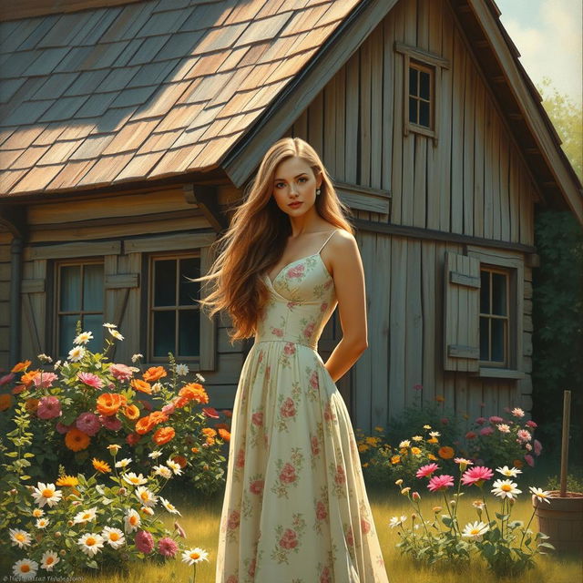 A stunning painting of a woman standing elegantly in front of an old, charming house