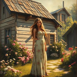 A stunning painting of a woman standing elegantly in front of an old, charming house