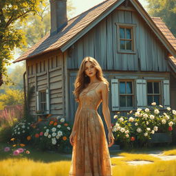 A stunning painting of a woman standing elegantly in front of an old, charming house