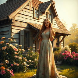 A stunning painting of a woman standing elegantly in front of an old, charming house