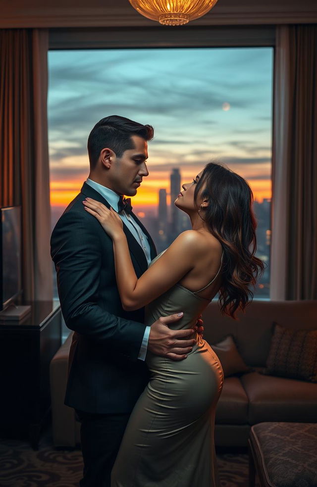 A dramatic and emotionally charged scene depicting a married man in a luxurious hotel room engaged in a passionate embrace with his sophisticated mistress