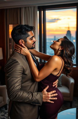 A dramatic and emotionally charged scene depicting a married man in a luxurious hotel room engaged in a passionate embrace with his sophisticated mistress