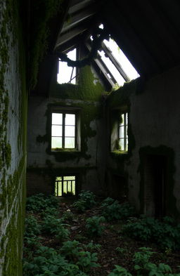 An old, abandoned house with moss-covered walls and visible cracks