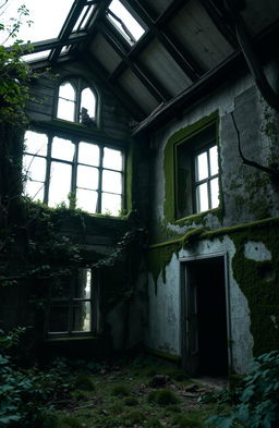 An old, abandoned house with moss-covered walls and visible cracks